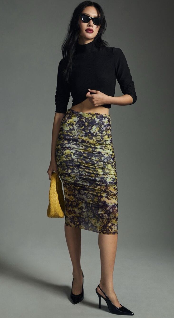 NWT $98 By Anthropologie Sz M Ruched Mesh Skirt Purple Floral Midi/Maxi